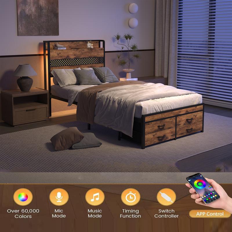 Twin Bed Frames with Headboard, Twin Size Bed Frames with Storage Drawers & Charging Headboard , 4 Drawers,Smart LED Bed Frame, Single Bed Frame, No Box Spring Needed,Noise-Free,Dorm essentials,bedroom accessories