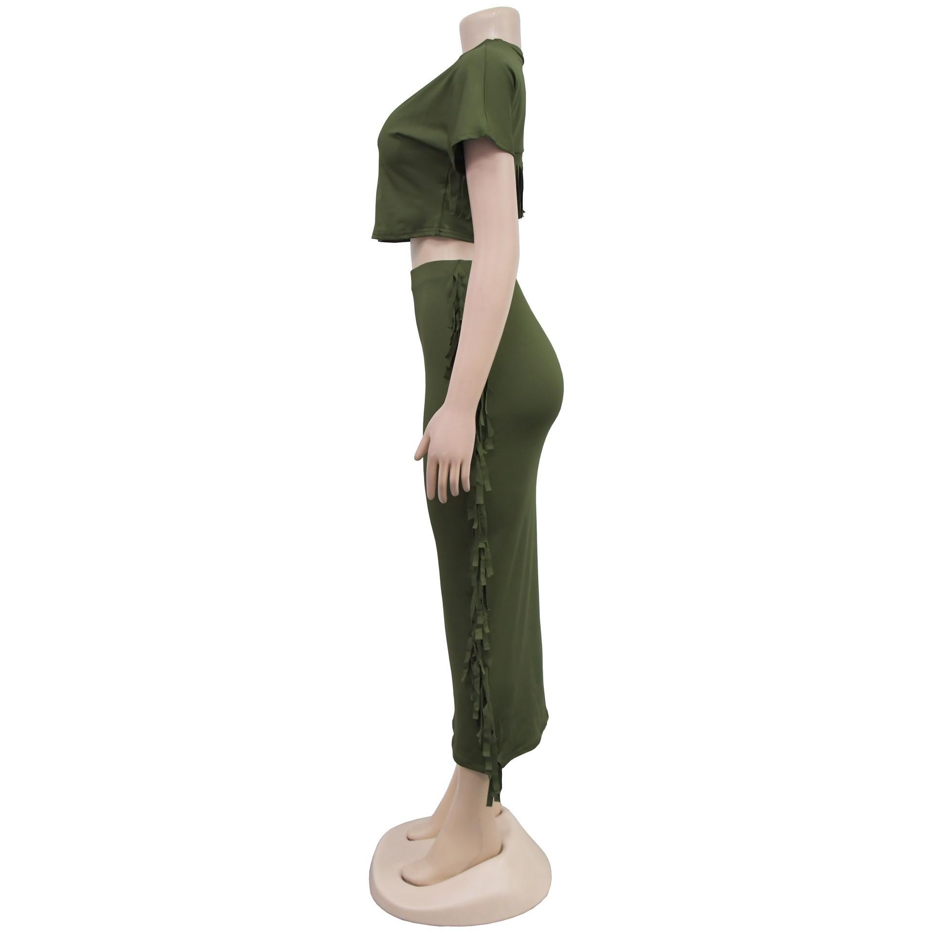 FashionableStyle Solid Color Fringe Round Neck Short Sleeve Long Dress Two-Piece Set
