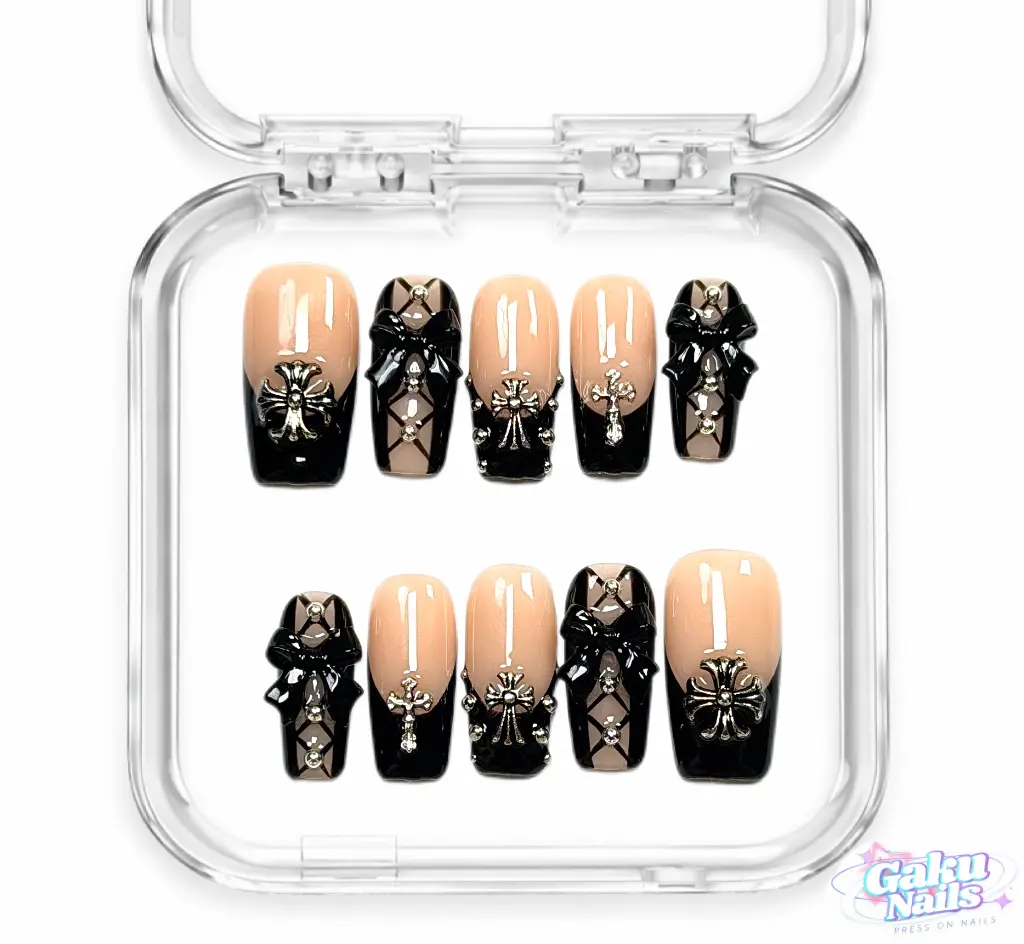 GakuNails GOTH BOW 10 PCS Medium Square Handmade Press On 3D Bowtie Black Lace French Tip Builder Gel selectable size Reusable Nails