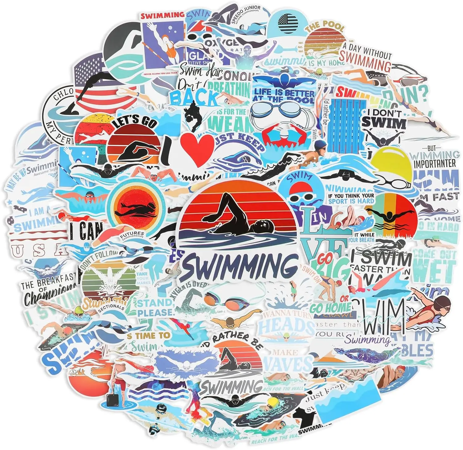 100PCS Swimming Stickers,Cute Sport Vinyl Waterproof Swim Decals for Boys Water Bottle Laptop Birthday Party Gift Supplies Favors