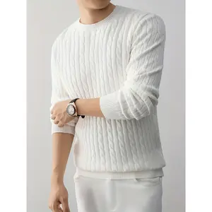 New ModelMen'S Contemporary Cable-Knit Round Neck Pullover XL7938377, Fall/Winter Knitwear for Men, Textured Blue Sweater, High Stretch Polyester, Casual Fit, Regular Sleeve, Crew Neck, Hand Wash or Dry Clean - Menswear