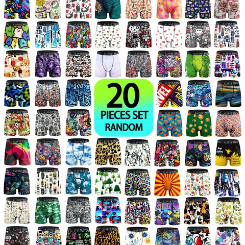 KJFISTMU Funky Men's 20-Pack Boxer Briefs - Mid Waist, Mixed Color Striped Geometric Anime Print, Lightweight Soft Breathable Medium-Stretch Basic Casual Underwear, Back-to-School Gift Value Pack, Funky Men's Boxer Briefs