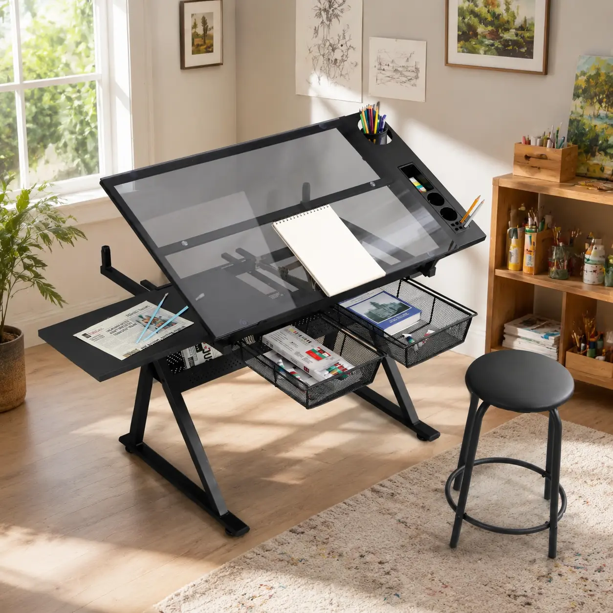 littleox black adjustable tempered glass drafting printing table with chair durable portable drafting table for artists designers students home office drawing sketching drafting work