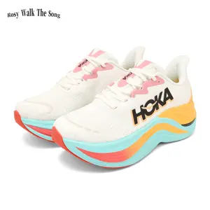 Ultra Cushioned Breathable Knit Mesh Marathon Running Shoes, Cream White Orange Cyan Pink Gradient Sneakers Shock Absorbing Thick EVA Midsole Non-Slip Rubber Outsole Unisex Athletic Trainers