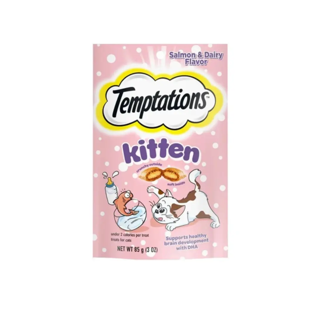 Temptations Kitten Treats - Salmon & Dairy Flavor, Crunchy & Soft Texture, Fish Oil-Infused for Brain Dev., 3-oz