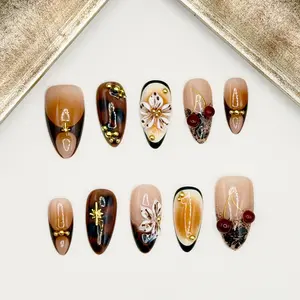 Cherry Mocha Luxury Press On Nails | Brown Ombre Floral Handmade Elegant Nail Set