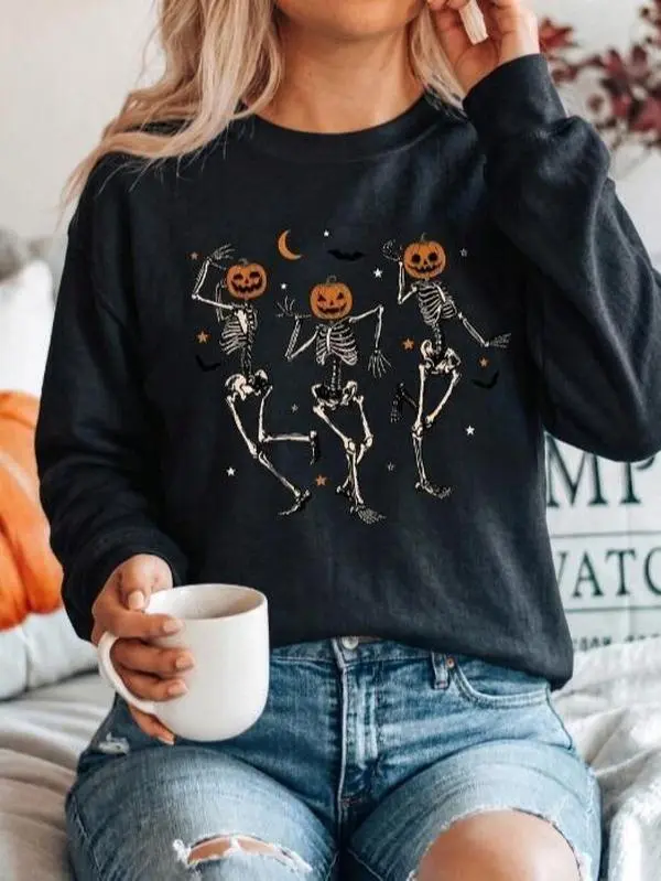 Halloween Dancing Skeleton Pumpkin Sweatshirt, Unisex Fall Graphic Tee, Spooky Season Crewneck, Cute Halloween Party Gift, Autumn Aesthetic Long Sleeve Apparel