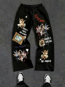 Men's Casual Loose Fit Pants, Angel Letter Print Design, Suitable for Gym and Urban Outings, Comfortable Daily Wear