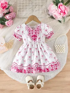 Baby Girl Summer Short Sleeve Dress with Middle East Print Bowknot Design, Cute Toddler Clothing for Daily Wear