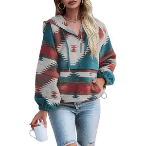 【US Shipping】Womens Aztec Half Zip Up Hoodies Sweatshirt Casual Long Sleeve Oversized Ethnic Tribal Hooded Pullover Shirt Top