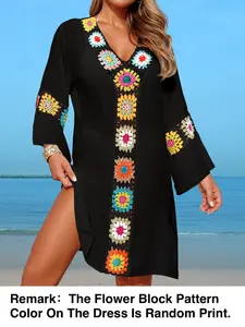 Women's Patchwork Floral Beach Dress, Casual Loose-Fit Woven Fabric, All-Season Sun Protection Cover-Up, Ideal for Vacation, Swim Cover Ups