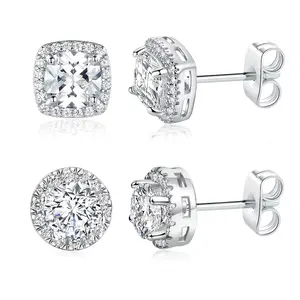 2 Pairs Round Square Earrings for Men Women Cubic Zirconia Stud Earrings Set for Women