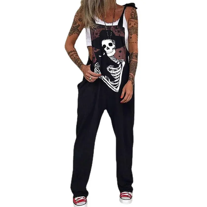 Women's Jumpsuit, Plus Size Sleeveless Skull and Chrysanthemum Print, Stretchy Cotton Fitted Alt Fashion Sporty Joggers, Fashion Overalls