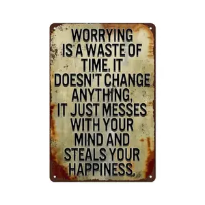 20x30cm "Worrying Is A Waste Of Time" Inspirational Quote Vintage Aluminum Metal Sign, Retro Motivational Text Tin Sign, 0.6mm Thick Wall Decor for Bedroom, Office, Living Room, Pre-Drilled Holes for Easy Hanging
