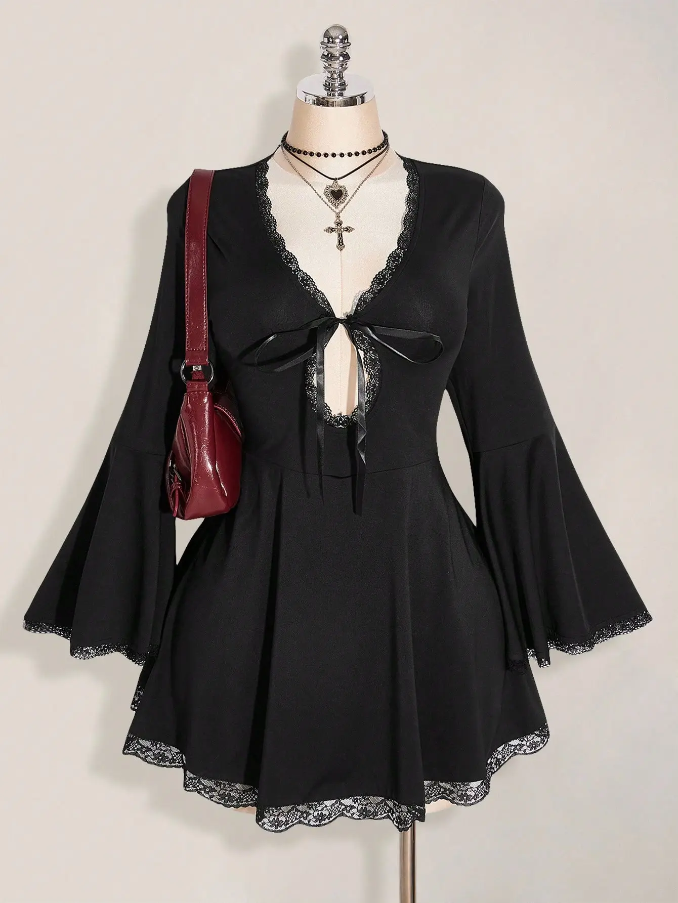 ICON Plus Size V-Neck Lace Patchwork Knit Dress – Sexy Flare Sleeve Backless Bowknot Mini Dress for Y2K, Halloween & Fall Outfits