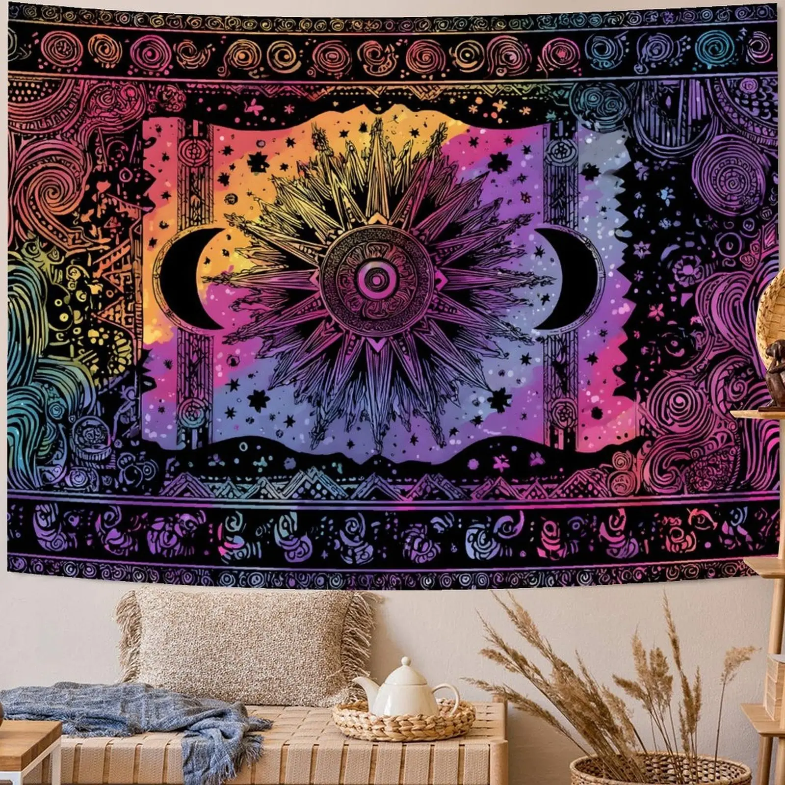 Cosmic Psychedelic Tie-Dye Synthetic Polyester Tapestry - Fluorescent Bohemian Wall Hanging, Fantasy Aesthetic Teen Dorm Decor, Indoor Use Home Accessory