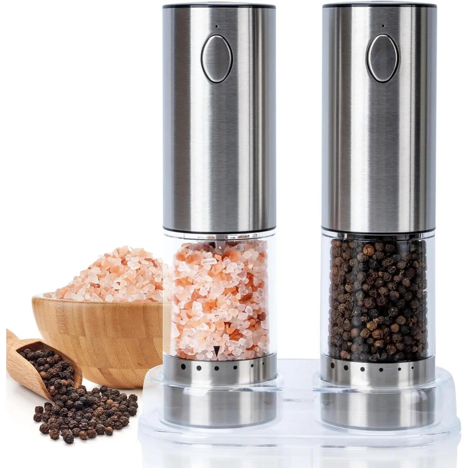 Electric Salt and Pepper  Set Rechargeable with 6 Adjustable Coarseness, Upgraded Larger Capacity, Stainless Steel Automatic Pepper and Salt  Mill White LED lights 2 Pack-S1