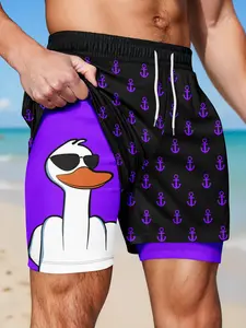 Men's 2‑in‑1 Quick Dry Beach Shorts Cool Cartoon Duck Anchor Print Drawstring Casual Summer Swim Trunks