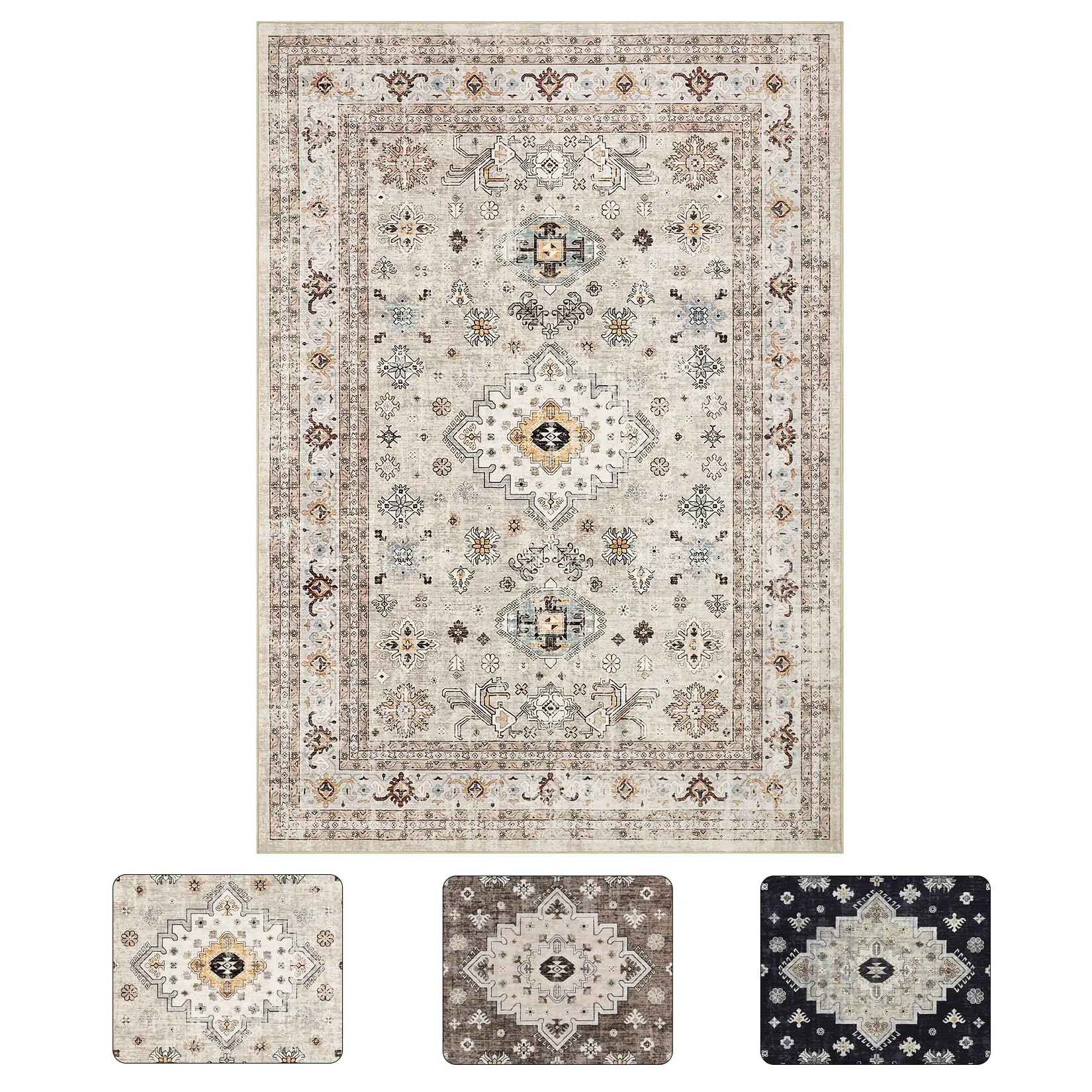 9x12 ft Durable Polyester Cashmere Beige Rectangular Soft Cozy Area Rug, Foldable Persian Flower Printed, Grippy Washable Rug for Hallway & Bathroom Entryway, Rectangular Soft Rug