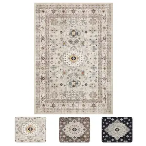 5x7 ft Beige Polyester Cashmere Rectangular Persian Area Rug with Flower-Printed Design, Foldable Convenience, Washable Material for Hallway, Bathroom