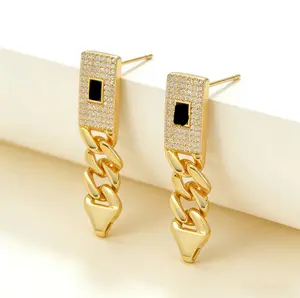 Luxury Cuban Link Earrings, 18K Gold Plated With Inlaid Zirconia, Ideal Graduation Gift, Bridesmaid Gift Or Present For Hip Hop Style Lovers, Sweet Shiny S Shape Dangle Earrings For Daily Wear Full Of Love men's