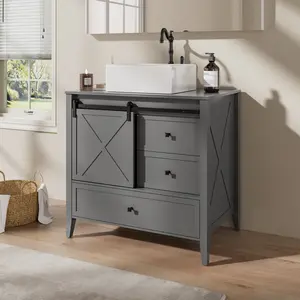 VNN Bathroom Vanity with Sink - 36 Inch Bathroom Vanity with Sink Ceramic, Freestanding Cabinet with Farmhouse Sliding Barn Door and 3 Drawers, Space-Saving Storage Cabinet, Grey