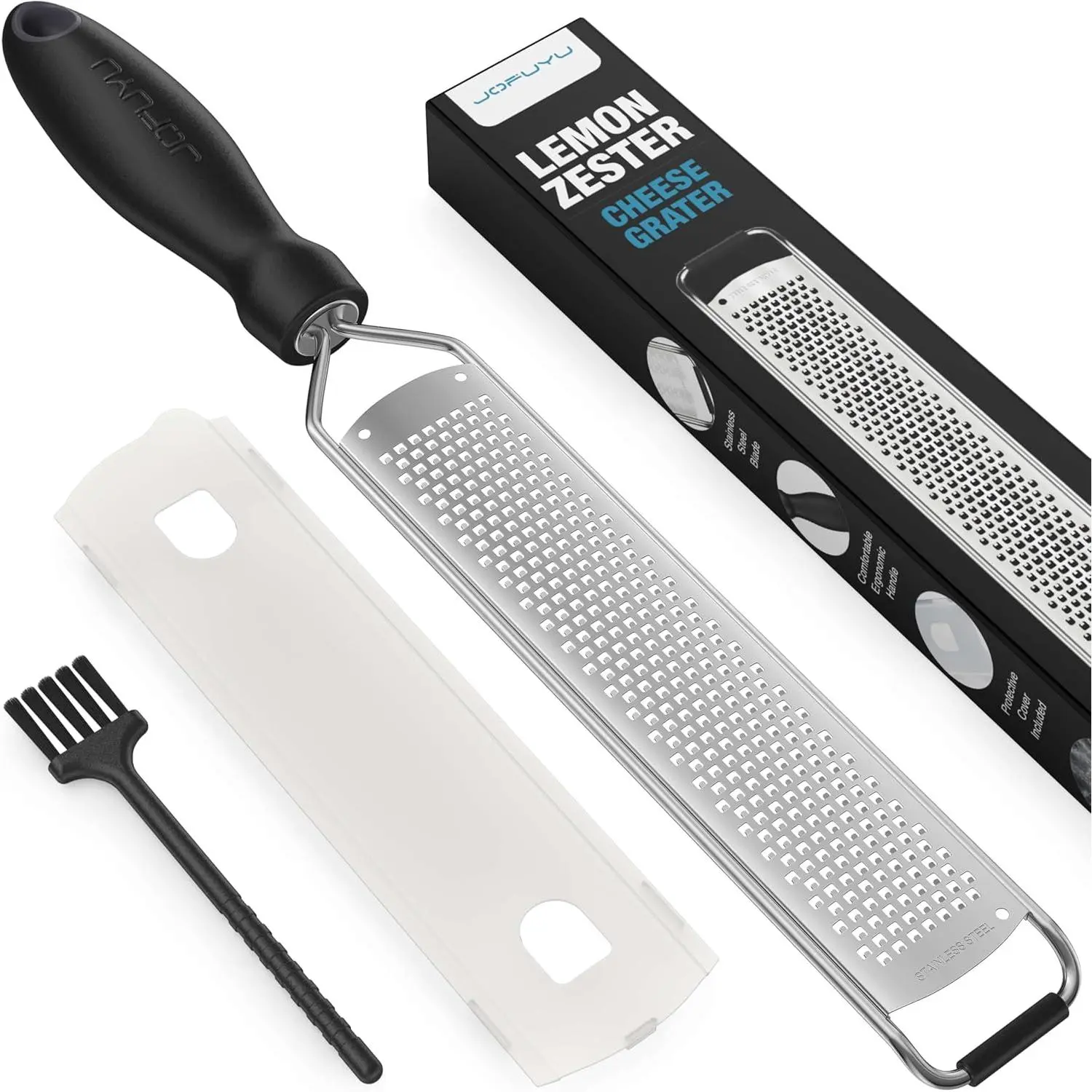 Zester Grater,  Zester Grater with Handle,  Stainless Steel Citrus Zester for Parmesan, Garlic, , Ginger, Non-Slip Grip, Safety Cover & Cleaning Brush, Black