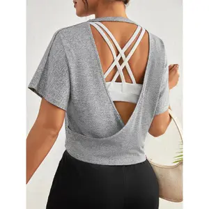 Women's Plain Backless Sports Tee, Casual Cut Out Batwing Sleeve Round Neck Sports T-shirt for Summer, Ladies Sportswear for Indoor Outdoor Wear Hollow Back Activewear