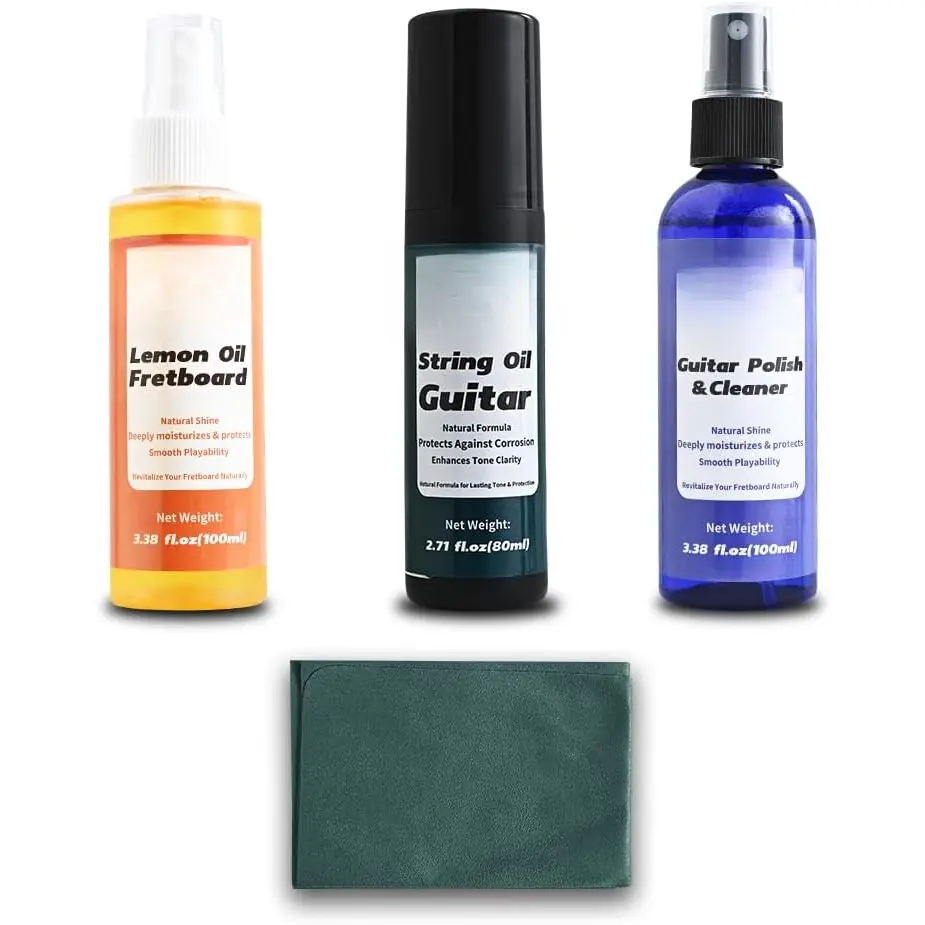 Guitar Cleaning Maintenance Care Kit - All-in-One Guitar Cleaner, Lemon Oil,String Oil, Microfiber Cloth - Safe  Formula for Long-Lasting Shine& Protection