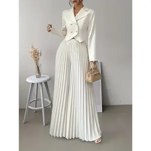 Elegant Women’s Double-Breasted Suit Top and Pleated Pants Set, Fashionable Commuting Style (2 Pieces)
