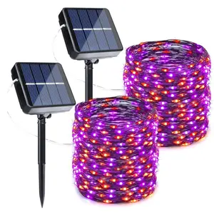 Joomer Orange Purple Halloween Solar String Lights 2Pack Total 100ft 300LED 8 Modes Solar Fairy Lights, Waterproof Lights Black Wire for Halloween Decorations Christmas Door