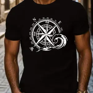 Men's Compass Graphic Tee - Casual Short Sleeve T-Shirt, Breathable Polyester, Summer Fashion Top