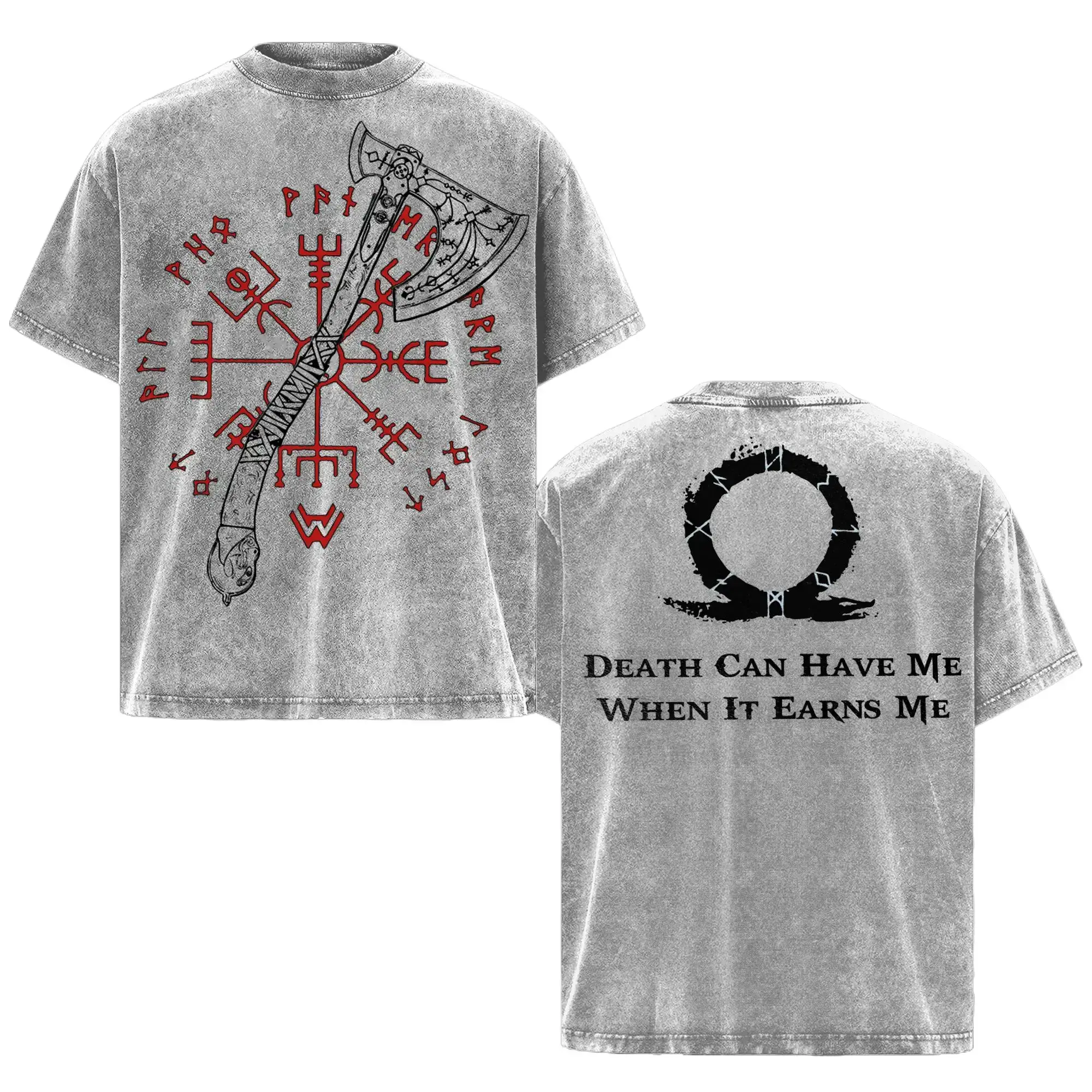 Men's Short-Sleeve God of War Kratos Washed Oversized T-Shirt, Heavyweight Cotton, Vintage Dark Fantasy Graphic Tee, Nordic Mythology Streetwear, Unisex Casual Top, Gaming Fan Gift