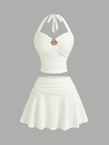 French-style elegant halter neck ruffled top + high-waisted umbrella skirt, gentle vacation outfit set, beach resort style