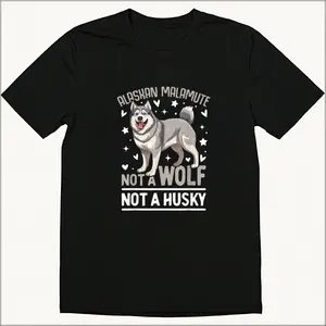 Men's 100% American-Made Alaskan Malamute Graphic T-Shirt - Not a Wolf Not a Husky Design, Black Casual Summer Tee with Stars & Hearts, Regular Fit Round Neck, Machine Washable, Pet Lover Apparel  Dog Themed Shirt  Nontransparent Fabric