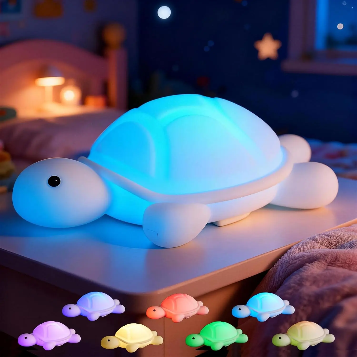 Chunting Silicone Sea Turtle LED Lamp - Cute Squishy, 7 RGB Colors, Dimmable, Timer, Touch Sensor Control, Child-Friendly Ambient Night Light for All Breastfeeding Nursery Birthdays, Gift for Children