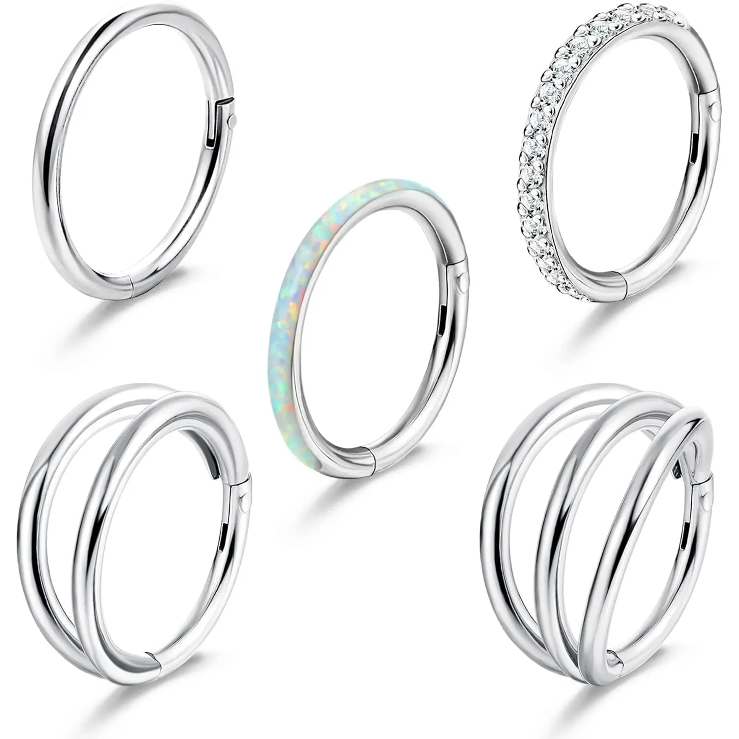 YADOCA 5Pcs Surgical Steel Body Piercing Jewelry - 18G/16G Clicker Hoops with CZ Opal, for Women - Septum, Lip, Nose, Helix, Cartilage, Conch, Rook Earrings (8mm, 10mm, Cubic Zirconia), Nose Rings, Conch Piercing, Helix Earrings, Daith Earring