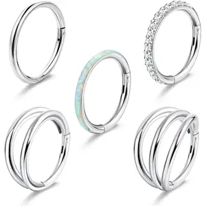 YADOCA 5Pcs 18G 16G Surgical Steel Nose Rings Hoops for Women Men Clicker Septum Hinged Segment Lip Nose Rings Helix Cartilage Conch Rook Earrings CZ Opal Body Piercing Jewelry 8mm 10mm