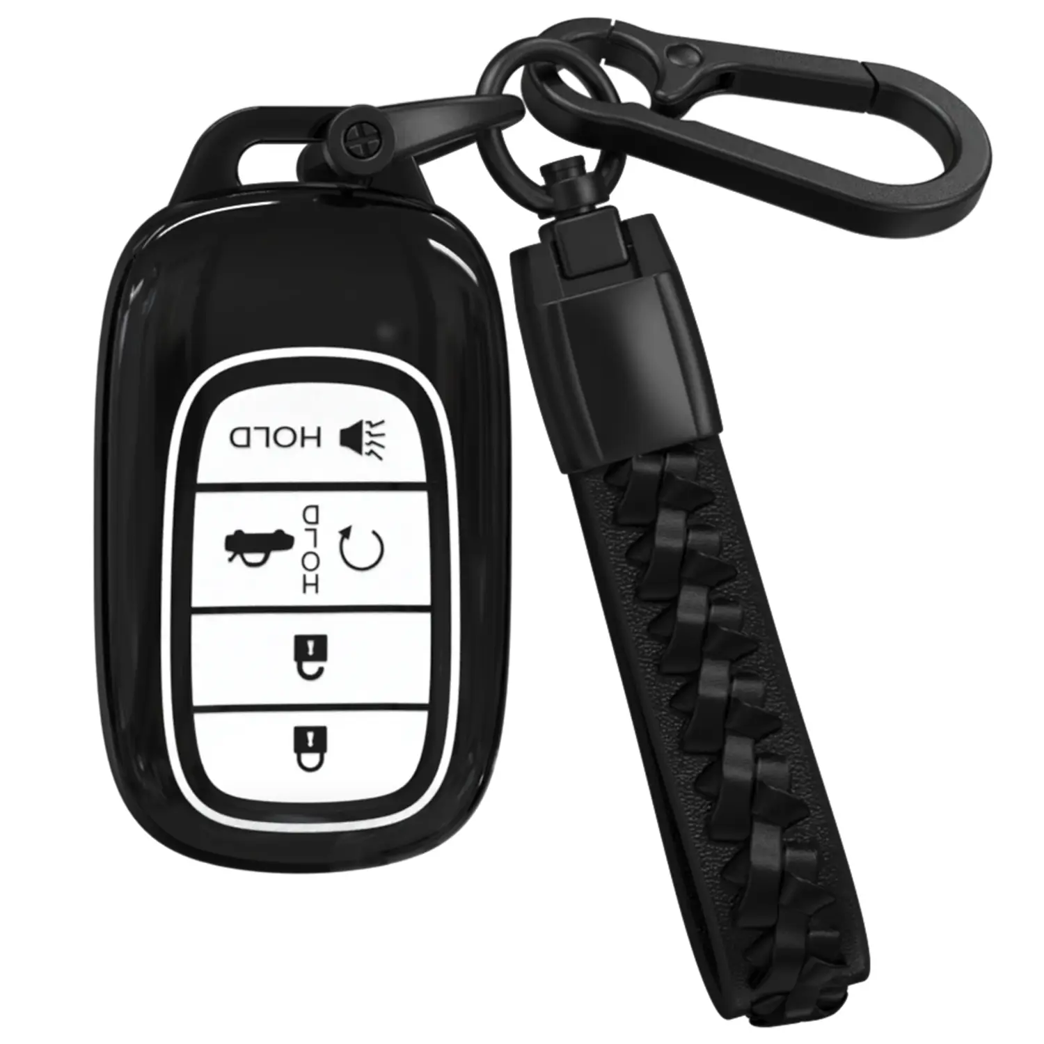 ACEBOY Soft TPU Car Key Fob Cover with Leather Keychain & Handle - 5-Button, Black/White - For Acura MDX/RDX, Honda Models - Offers Protection & Easy Button Access, 5 Buttons, With Handle