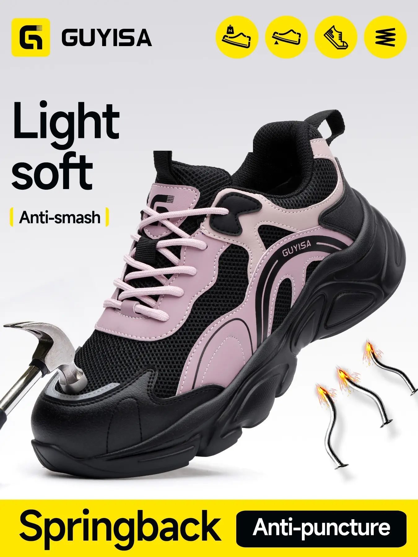 Women's Lightweight Safety Shoes, Casual Style, Breathable Mesh Fabric, Anti-Puncture Kevlar Sole, Low Top Work Protective Shoes, All Seasons, Worker, Lightweight Safety Footwear
