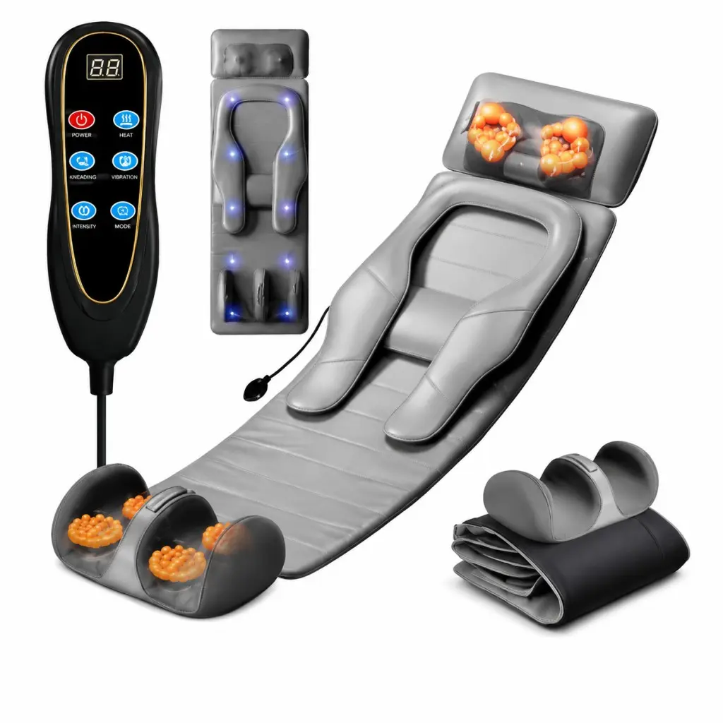 Foldable Full‑Body Massage Mat with Shiatsu Kneading for Head, arms, 9 Gear Detachable 3D Neck Massager, 【NOTE: Back Part Just Does Buzzes】Adjustable Back Vbration, Multi‑Function Electric Massager, Ideal for birthday & holiday gifts,   PU