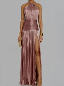 Summer New Women's Metallic Color Pleated Split Backless Dress, Sleeveless Halter Neck Dress, Fashionable and Stylish