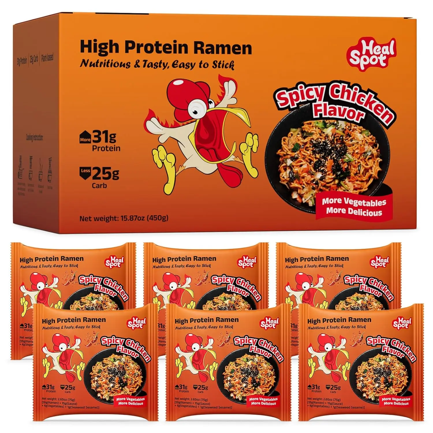 High Protein Spicy Fire Chicken Noodles, Dry Tossed Ramen, 31g Plant-Based Protein, Low Fat, Low Carb, Non GMO, Keto Friendly & Plant Based (6 packs) Food