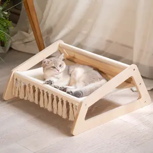 Cooling Cat Hammock with Removable Washable Cover, Pet Couch Sofa for Indoor Cats Elevated Kitty Lounge Chair Suitable for Puppy, Wooden Cat Furniture(Large) #SummerVibes