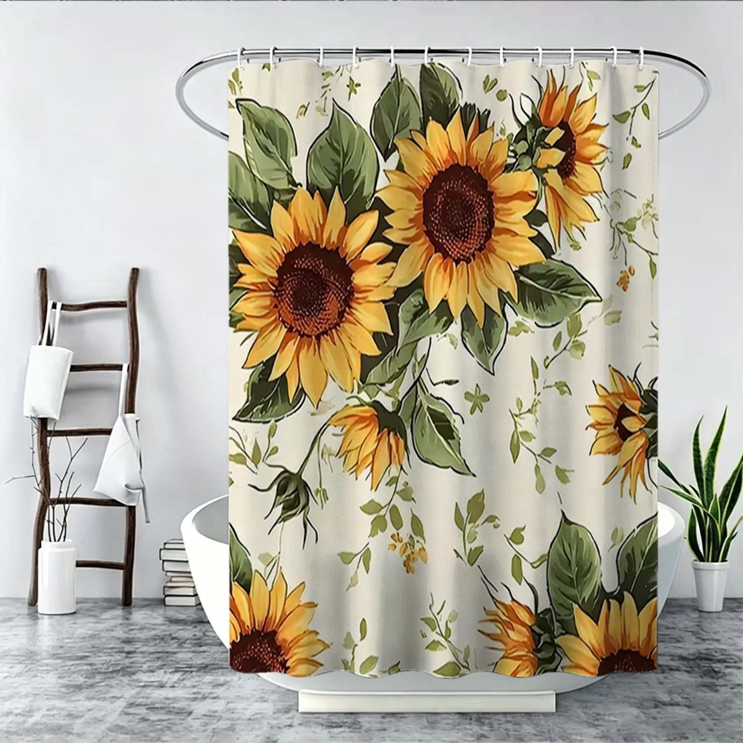 1/4 piece 2D flat printed sunflower design shower curtain set, waterproof polyester fiber, including toilet cover and anti slip carpet, U-shaped pad, optional single shower curtain, essential for home decoration