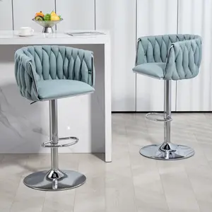 360° Fabric cover Swivel Bar Stools Set of 2, Adjustable Counter Height Bar Chairs with Woven Back & Footrest, Silver chromed  Bar Stools for Kitchen Island, Cafe, Pub Barstools