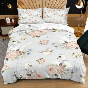 2- or 3-Piece Set of Worn-Look Gray Swan-Patterned Elegant Floral Print Duvet Cover Set, Soft with Zipper Closure, Vintage Country-Style Bedding, Suitable for All Seasons, Filling Not Included (2 Pillowcases, 1 Duvet Cover)