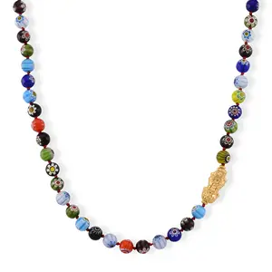 Murano Style Beaded Necklace with Pixiu Charm in Goldtone 20 Inches