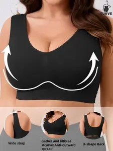 Plus Size Women's Soft Comfortable Wide Strap Bra, No Underwire Wireless, Plain Color Elastic Backless Vest, Daily Basic Underwear, Summer Essential, All Seasons