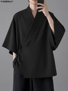 INCERUN Men's Asymmetrical Collar Seven-Quarter Sleeve Loose Fit Plain Solid Color Open Front Cardigan Tops, Casual Fashion Outerwear Menswear for Daily Wear
